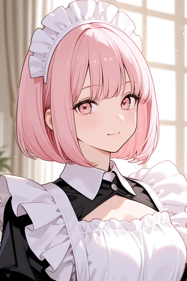 (best quality,4k,high resolution,masterpiece:1.2),detailed eyes,beautiful detailed lips,extremely detailed large eyes and face,long eyelashes, perfect , a maid with short pink hair is standing, Europian noble face,face with no emotion like a doll, tightly fitted outfit,black long-sleeved maid costume,wearing long skirt, wearing white tights, upper body portrait abobe the knee,beautiful face with vacant smile, large blank eyes, feels a blank expression.