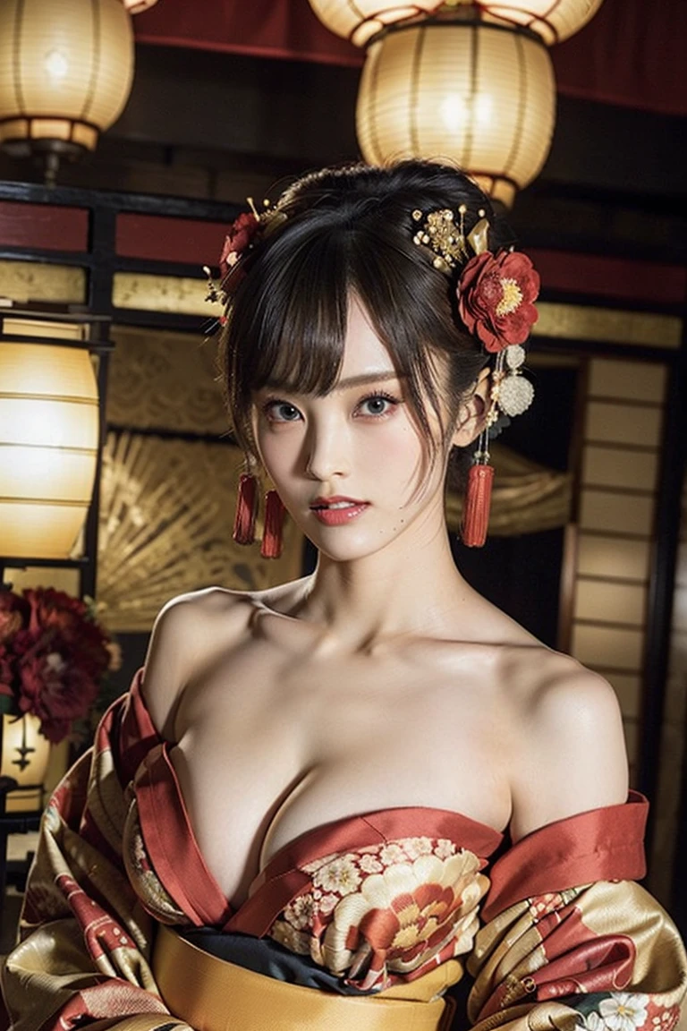(Highest quality、8k、Award-winning works、Ultra-high resolution度)、One beautiful woman,alone,Muscular,Shiny and oily body,Squat with your legs apart,Raise your arms behind your head,Bright color contacts、Perfect Makeup、Bright and shiny lipstick、Beautiful bright eyeshadow、(Big Breasts:1.2)、(Romantic affection:1.1)、The best smile he had when he saw me、(Many of them emphasize the body line...:1.1)、(Strongly blurred background:1.1)、Accurate anatomy、Ultra HD Hair、(Ultra-high resolution perfect beautiful teeth:1.1)、Ultra-high definition beauty face、Ultra HD Hair、Ultra HD Shining Eyes, Ultra-high resolution美肌、Ultra-high resolution,誘惑的なMuscularの太もも,Sexy pose,Big beautiful eyes,she looks at me seductively,Muscular, (Updo:1.2), Beautiful lighting, (Sexy Oiran:1.2,)