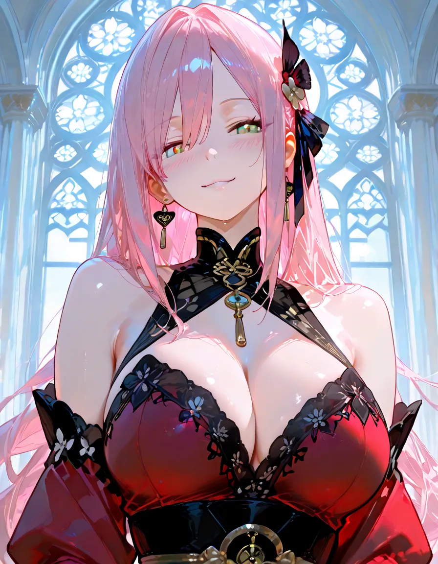 4k ultra hd, photorealistic, high resolution，a stunning beautiful girl, big breasts, long hair, a girl, good face, detailed eyes, detailed lip, 1women, shining skin, solo, tattoo, jewelry, (((pink lips, long while hair, blue eyes))), closed mouth, street wear, hips up, red dress, red dress
