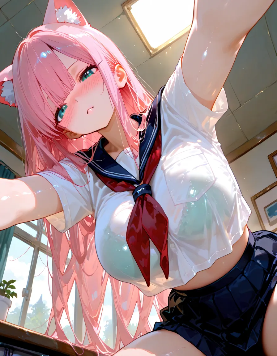 Kururu sensei, pink hair, twin tails, underwear, white underwear, tense underwear, underwear, small breasts, crying face, crying, drooling, scared, crotch open, showing off crotch, sweat-wet skin, abandoned house