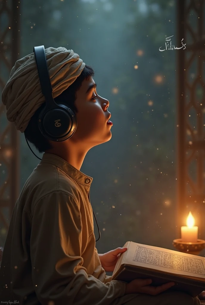Create 3D image of  Indian devotional boy sitting next to makka madina  and boy is seeing flute, they both are on sitting and sitting is nicely decorated and sitting together, boy is wearing black color T-shirt with name “mohd taha ” written on it, heaven like beautiful scene background, star moonrealistic image and boy is bare feet.