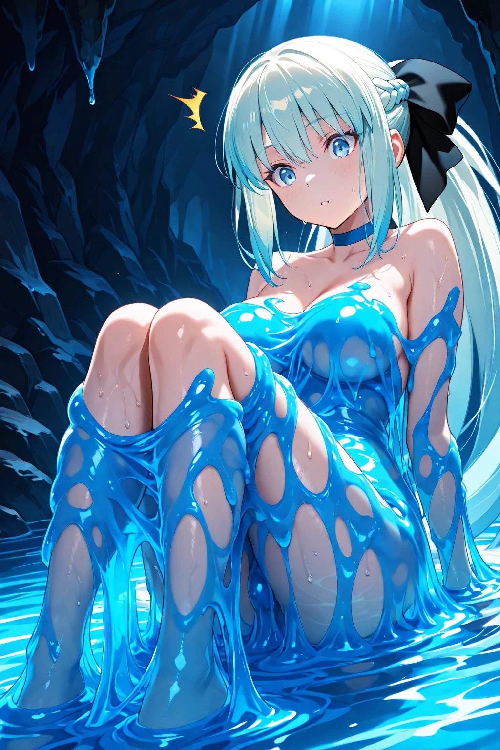 (((masterpiece))), (((best quality))), ((ultra-detailed)), (illustration), ((an extremely delicate and beautiful)), ((super detail)), ((high resolution)), (((nsfw))), ((cybernetic)), (futuristic), (seductive), (((erotic))), (((20 years old))), (pussy juice), camel toe, (((ultra-huge breasts))), (maid), (android), delicate metal decorations, gleaming skin, shiny body, two legs, ((female masturbation)), breast focus, ((tall)), slender legs, ((big round eyes)), cute eyes, drooping eyes, biopunk, ((adult)), in stasis tank, two hands, in suspicious broken laboratory, ((open legs)), five fingers, no extra hands, seductive smile, single side braid, shoulder length hair, ((slender)), (metallic transparent slime dress), lying, spread legs, hair shorter than waist, ((closed eyes)), (in deep ecstasy), open mouth, clenched teeth, (elderly), soaking wet, mechanical dress,