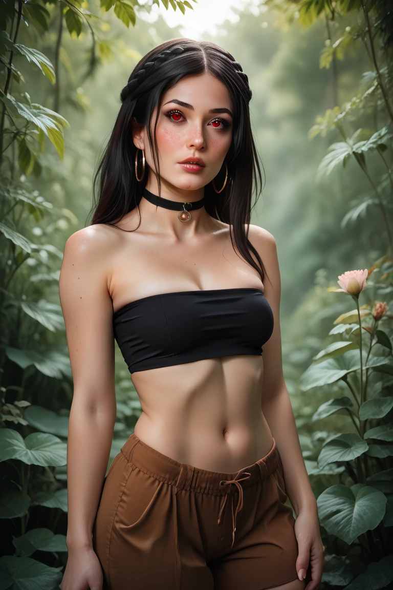 (((medium full shot))), (Masterpiece, photorealistic, photorealism, best quality, ultra-detailed:1.3), (nice hands, perfect hands), official art, cinematic light, beautiful European girl:1.3), adult, beautiful, random princess, purple eyes, (black bold eyeliner, makeup:1.3), soft smile, choker, small waist, high ponytail, long hair, outdoors, sexy pose, glowing, neon, smooth, seductive expression, orange fox ears with white fluffy inner ear, orange fox tail with white tip, white ear fluff, thick, slender  body, large fox tail with white tip, 