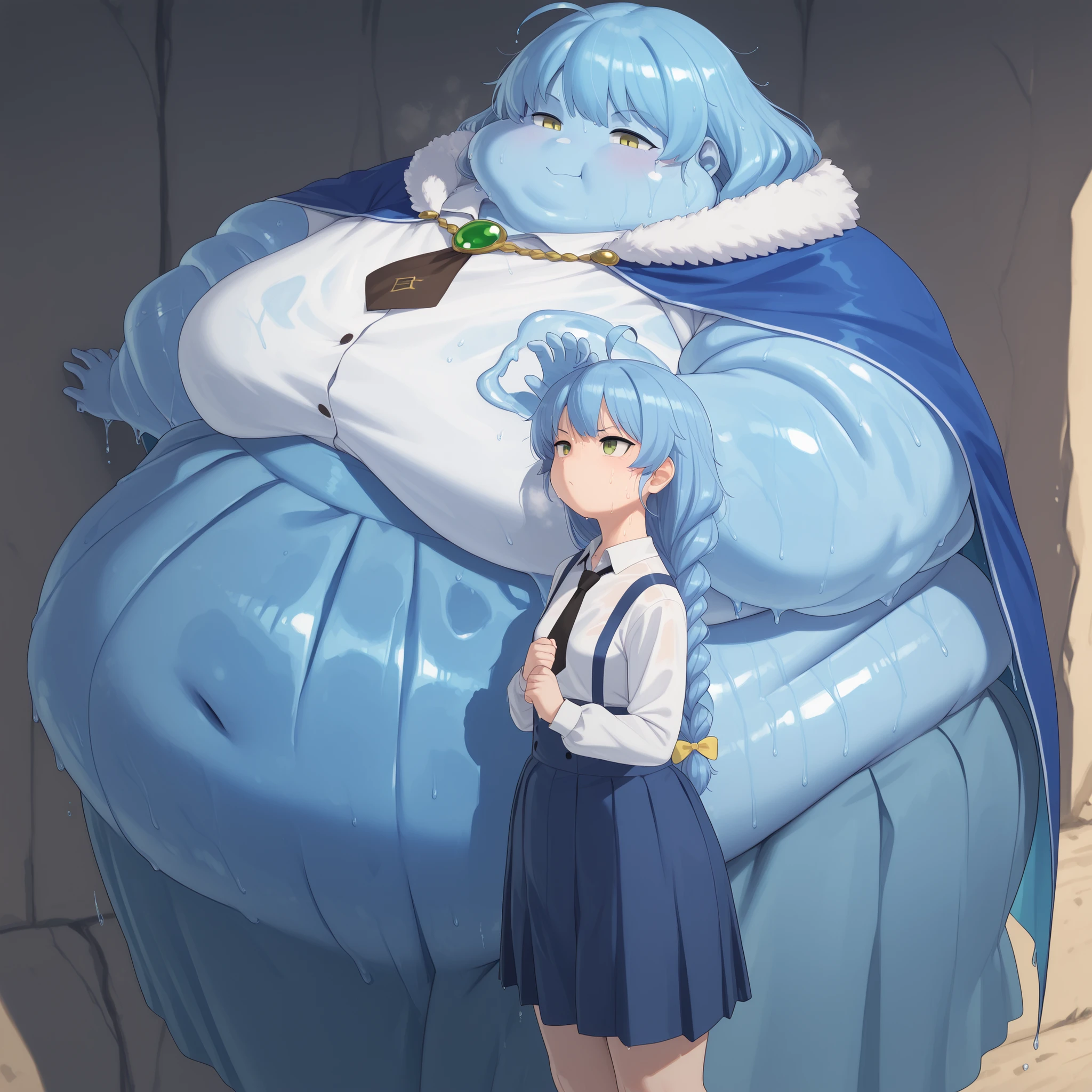 Becoming a slime, monster aparida rain, long hair, bangs, green eyes, blue hair, yellow eyes, braid, ahoge, hair bow, grey eyes, single braid, yellow bow, braided ponytail, mature female, small breasts, skirt, shirt, long sleeves, white shirt, pleated skirt, necktie, collared shirt, cape, blue skirt, fur trim, black necktie, high-waist skirt, suspender skirt, blue cape, fur-trimmed cape, blue skin, wet skin, shiny skin, mature female, small breasts, round face, breasts, plump,,,, ,chubby cheeks,masterpiece, best quality, , wet body, sweating, fat, chubby, obese, blob of fat, no humans, no arms, no legs