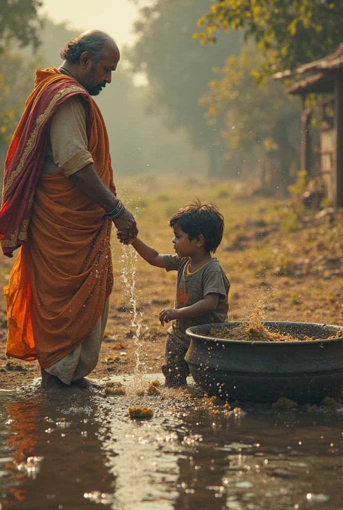 Lord Krishna father carrying him on bamboo basket on his had and crossing river in heavy rain