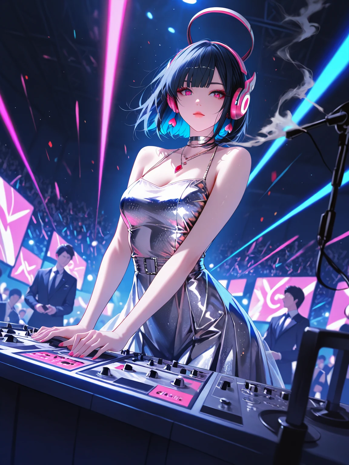 ,Put on your headphones,(Black Hair Girl),,Big Breasts,DJ,DJ Booth、Riding the music、club、((Night Live House、Red laser light、Blue laser light、random laser point、Virtual space、Golden laser beam、Purple laser light、DJ、Live Stage))