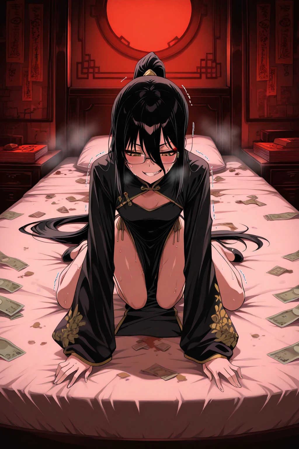score_9, score_8_up, score_7_up, source_anime, wrnchqupgr, high quality, masterpiece, (1girl), , , black hair, multicolored hair, multiple boys, pov, cowboy shot, cowgirl position, cowgirl, girl on top, dress, clothing aside, pussy, large insertion, large penis, veiny penis, thick penis, vaginal, sex, long, hair, gangbang, cum in mouth, looking to side, ((fellatio)), fingerless gloves,