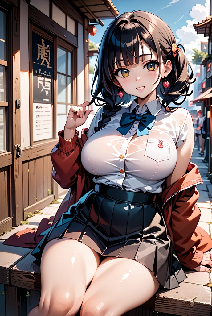 「highest quality、masterpiece、An illustration、very delicate and beautiful、very detailed、cg、8k wallpaper、wonderful、small details、masterpiece、最高の究極の芸術very detailed cg Unity 8k wallpaper」、japanese girl、(((huge breasts 1:1)))、(((Super Big 1:2)))、(((Pee)))、(((I can see your nipples)))、(((I can see your breasts)))、(((Piercing nipples)))、(((black hair)))、(((ponytail)))、(((Light blue knitwear)))、(((beige check skirt)))、、(((smile)))