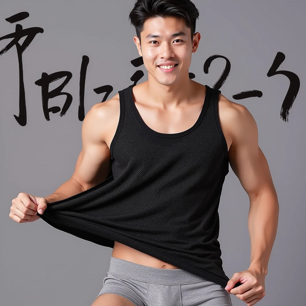 Japanese men、15 years old、Basketball Man、Muscles and smooth skin、Red shaved head、Relaxed and friendly smile、Dark grey boxer briefs、The whole body is visible from toes to head、locker room、
