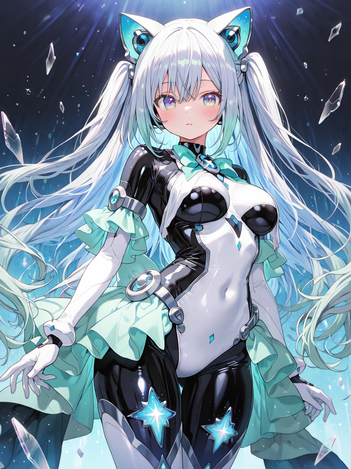 Zen illustration,anime art style,《fluid fragments》girl in,Seamlessly morph between a series of abstract teal combinations,Each transformation transcends traditional definitions and expectations,close up,