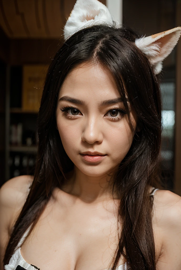 black hair, hair bobbles, wince, longeyelashes, solid circle eyes, fake animal ears, light smile, ear blush, fang, in the club, Surrealism, drop shadow, anaglyph, stereogram, tachi-e, pov, atmospheric perspective, 8k, super detail, ccurate, best quality