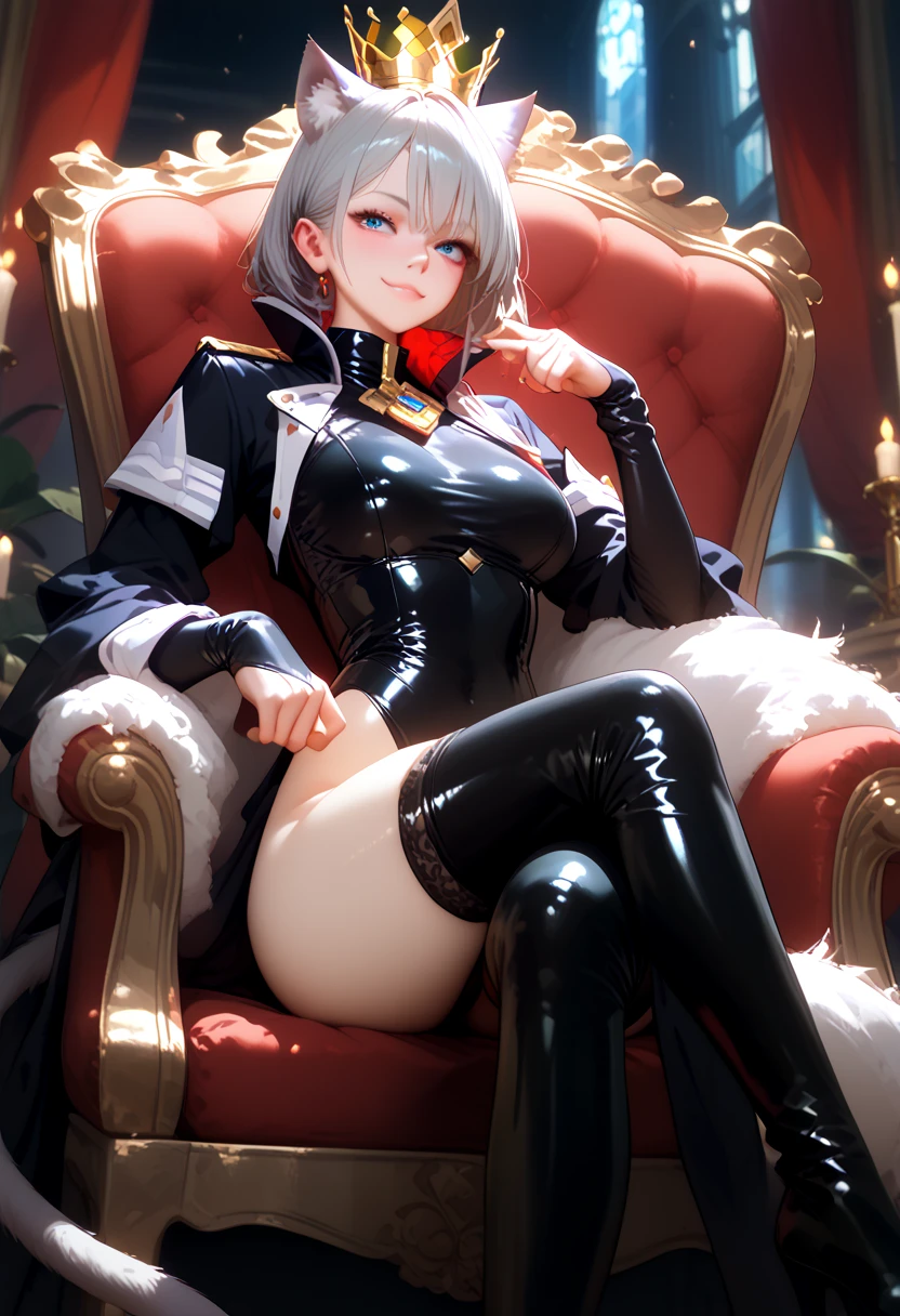 petite, cute, flat, ojou-sama, long blond hime cut, hair slicked back, forehead, blue eyes, smug, thick thighs, side slit dress, revealing clothes, thighhighs and gloves, covered nipples, pussy peak, naughty face, heavy breathing, seductive smile, masturbation, sitting, throne, bedroom, 1boy, erection, penis, cum
