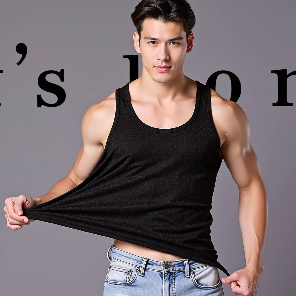 Create an image of a man with a smiling face and white tank tops, gym clothes, academy. Without being a muscular man, image with white background. Let half of the body appear upwards


