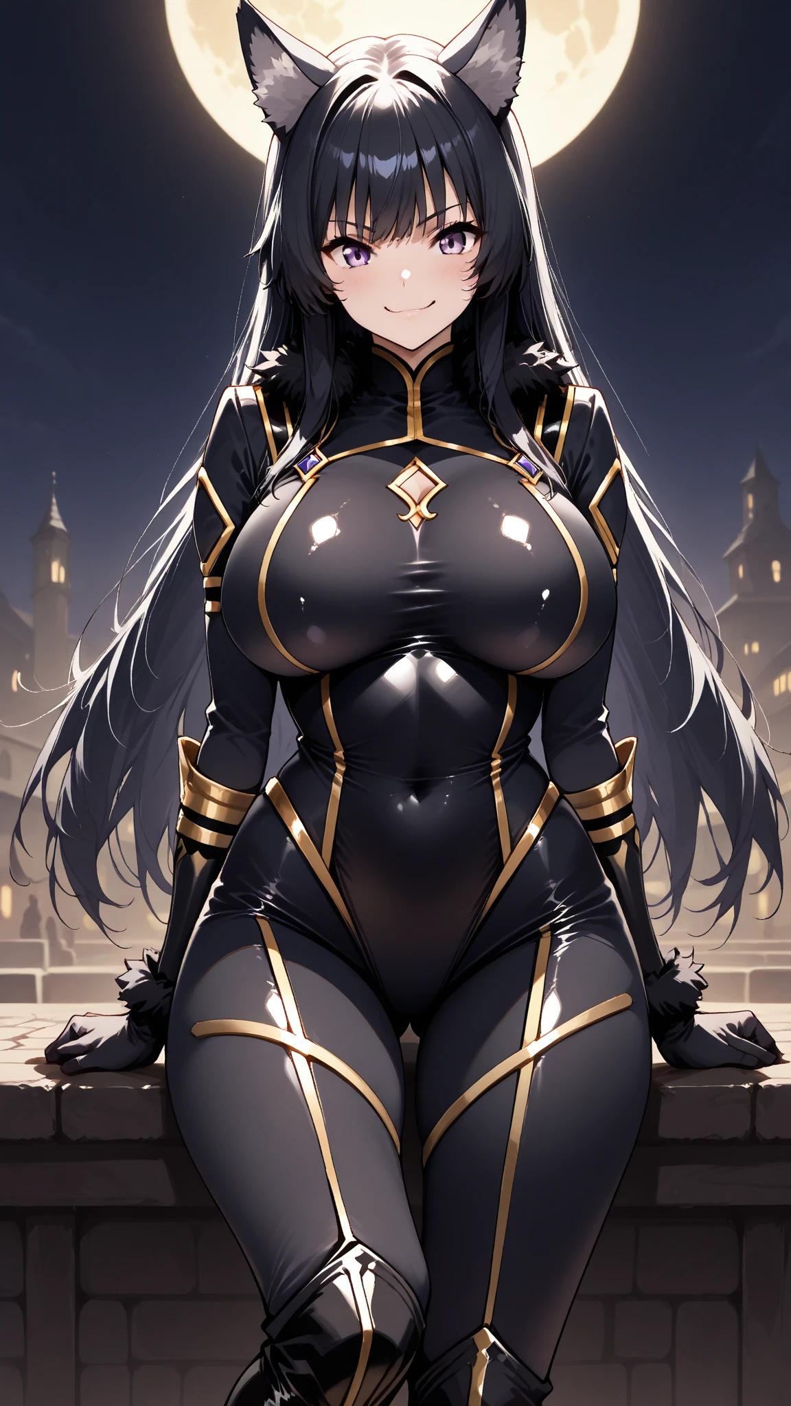 professional artwork, Intricate Details, field of view, sharp focus, detailed painting, photorealistic lighting, trending on pixiv, Standing at attention, black outfit ,yellow collared shirt,black and red bodysuit,skin_tight,black legwear, black pantyhose, Side_boob, black hair,very long hair, Bangs,yellow eyes,makeup, lipstick, 20yo,mature female,Beautiful Finger,Beautiful long legs,Beautiful body,Beautiful Nose,Beautiful character design, perfect eyes, perfect face, looking at viewer,official art,extremely detailed CG unreal engine 8k wallpaper, perfect lighting,Colorful, Bright_Front_face_Lighting, (masterpiece:1.0),(best_quality:1.0), ultra high res,4K,ultra-detailed, photography, 8K, HDR, highres, absurdres:1.2, Kodak portra 400, film grain, blurry background, (Beautiful,large_Breasts:1.4), (beautiful_face:1.5),(narrow_waist), (solo:1.4), ((landscape dimension)), rich detailed makeup, rich detailed eyeshadow, rich detailed lips, rich detailed lipstick, beautiful detail eyes