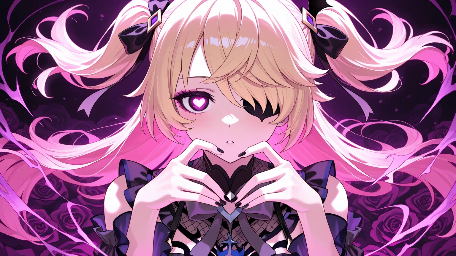 8K, Ultra High Definition, Super detailed, Shiny detailed hair, detailed face, fantasy landscape, solo, looking at viewer, {{best quality}}, {{masterpiece}}, {{ultra-detailed}}, {detailed light}, ultra high quality eyes, detailed eyes, perfect eyes, large eyes, ((detailed pink eyes)), beautiful lips, ((blonde hair)), long hair, beautiful, skinny body, white skin, slutty, erotic, suggestive, ((pink flower hair ornament)), {{nsfw}}
