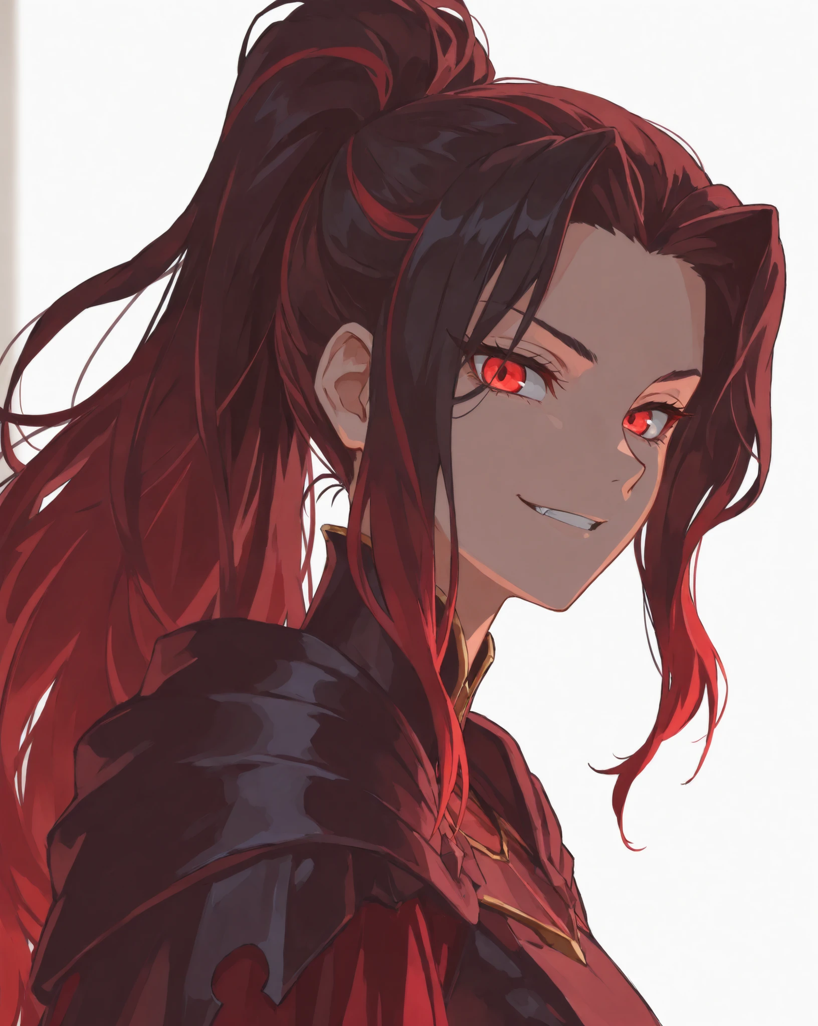 parted bangs, gradient hair,streaked hair, wavy hair, high ponytail,EBNiko, tsurime, (Solo leveling style, anime style:1.3), (looking at viewer, medium shot:1.22), (portrait, side shot, medium shot, three quarter shot:1.3), (1girl:0.95), solo, masterpiece, best quality, amazing quality, very aesthetic, high resolution, ultra-detailed, (soft shading, soft shadows, volumetric light:1.14), long hair, tsurime, evil smirk, (demon queen, vampire queen, evil sorceress, armored gown:1.4), imperious aura, royal, stare, glare, death stare, 