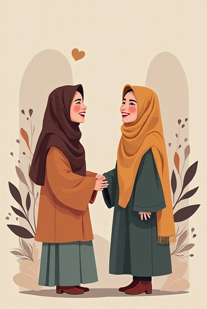 as 2d flat style illustrator or cartoonist using pastel colors, make an illustration of two hijabi girl gossiping, pointing and looking at upper right corner