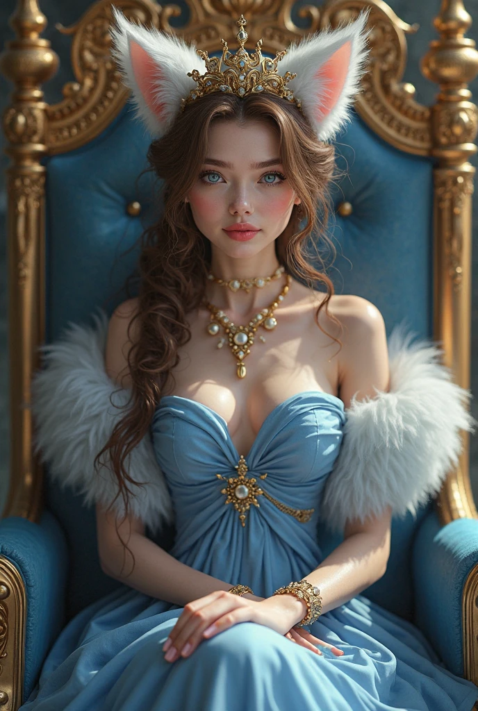 1 girl with cat ears and tail is sitting on a golden imperial throne. Brown hair, long hair, cat eyes, flirtatious look, ruling attitude, detailed face, queen jewelry. elegant revealing dress. High heels, dynamic pose, sitting on a giant gold chair. background of a palace, room adorned with luxury jewelry.