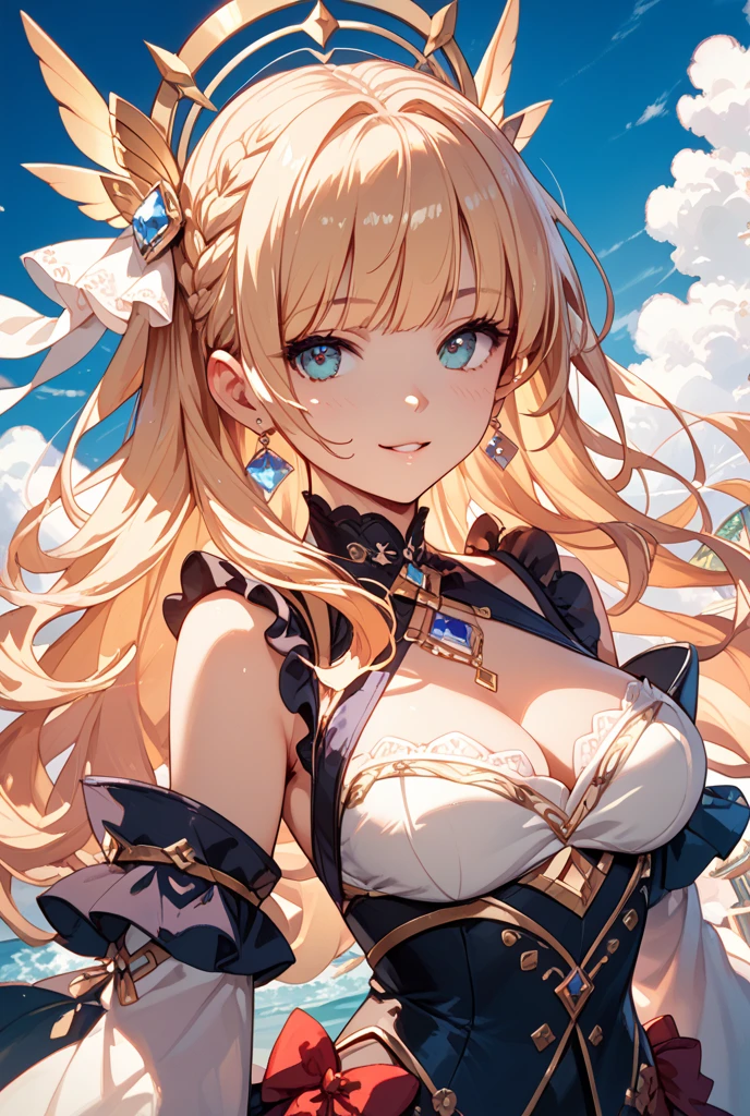 (32k), 1 girl, kawaii, blonde hair, long hair, (blue eyes), wide open eyes, eyelash, large breasts, tareme, (half closed eyes:0.7), muste piece, best quality, Super detailed, masterpiece,