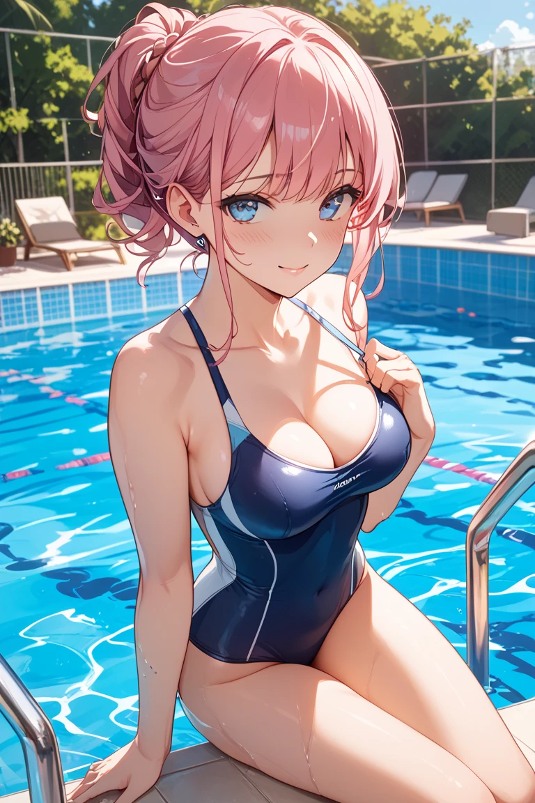 ((Highest quality, 8k, masterpiece :1.3)), (Sharp focus :1.2, Beautiful woman with perfect figure :1.4, Slim Abs :1.2), ((Big Breasts, Emphasize cleavage, The underboob is visible:1.3)), (Photorealistic:1.4), (realistic:1.4), (Pink Hair:1.5), Highly detailed face and skin texture, Fine grain, double eyelid. Makeup face, A little bit of lipstick, sex appeal, Sexy gravure pose, ((Blue sailor suit and white skirt、Poolside background、Smiling female high school student holding a swim ring、Silver Bracelet。:1.3)