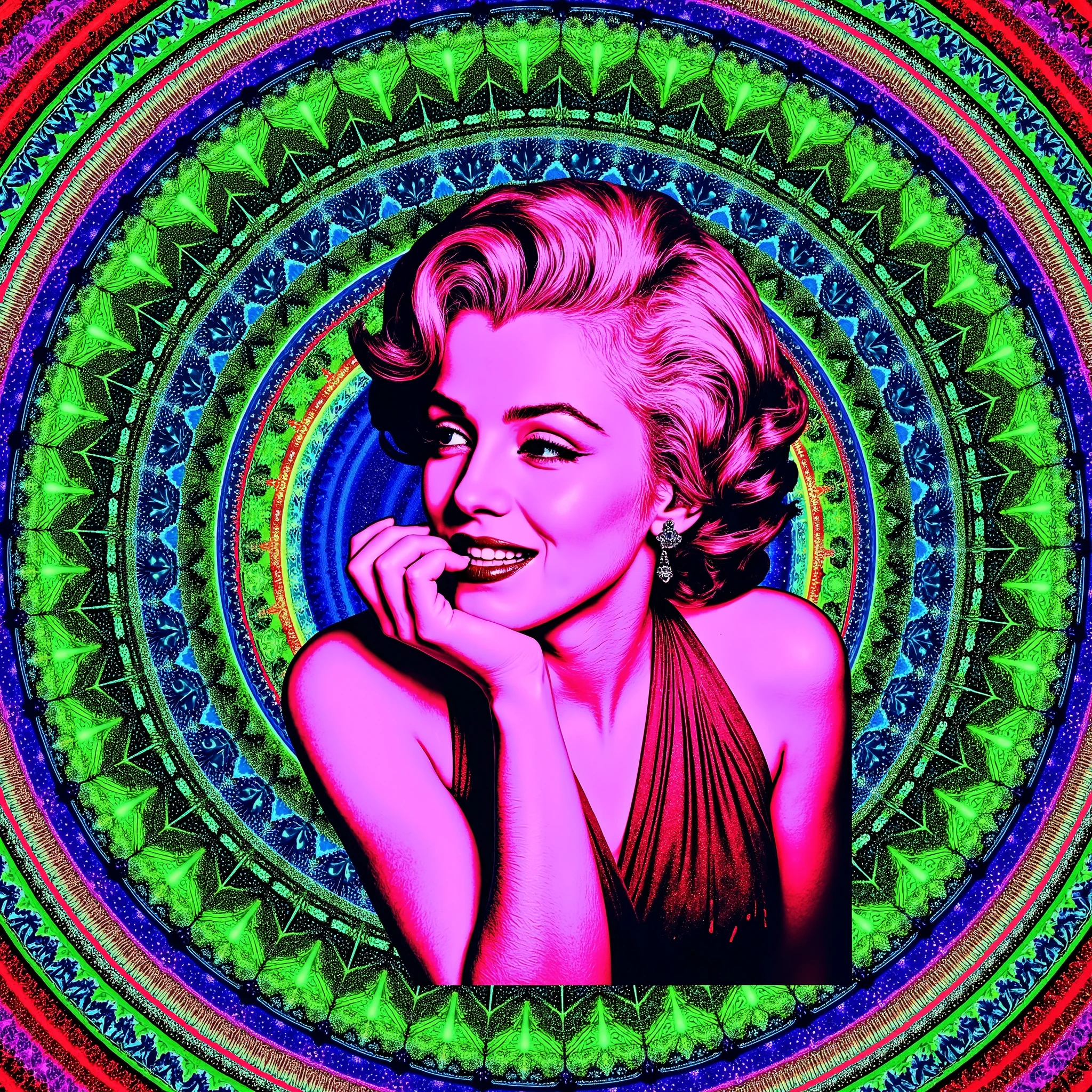 Marilyn Monroe is depicted in a stylized pop-art rendition, characterized by vivid, high-contrast colors that emphasize a sense of modernity and surrealism. Her shoulder-length wavy hair, styled meticulously, suggests a classic look reminiscent of mid-20th-century fashion. She is wearing an off-shoulder dress with a halter neck, revealing part of her upper chest and shoulders, adding a touch of elegance and allure. The entire image is set against a vibrant spiral-esque background composed of alternating concentric rings of green, blue, and red, creating a hypnotic or psychedelic effect. The lighting and shading within the image enhance the contours and volume of the subject, contributing to a sense of depth and dimensionality. The overall mood is enigmatic and artistic, drawing the viewer into a space where vintage glamor meets modern artistic expression. Ultra-realistic, photo-realistic, ultra-detailed, physically-based rendering, professional movie quality imagery, cinematic photography, portrait photography, cinematography, full focus, UHDR, highres, startling, masterpiece