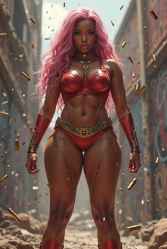 1girl, woman, mountain desert warrior villainess, sexy armor, bombshell hair, pink hair, curly hair, toned body, athletic build, narrow waist, medium breasts, (dark skin:1.3)<lora:EnvyDramaticPortraitXL01:1.5>
