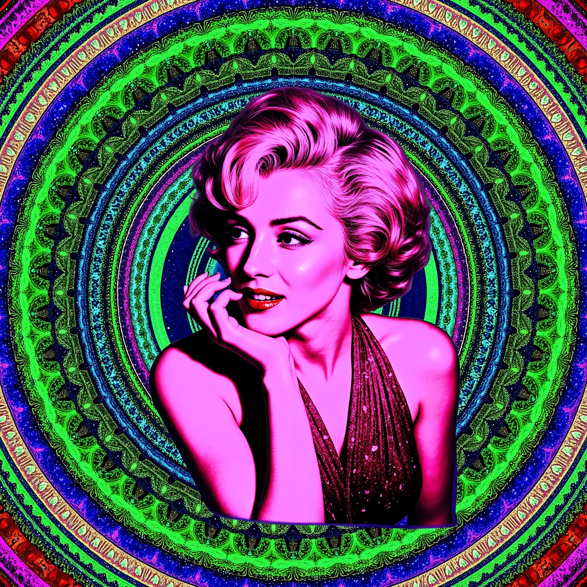 Marilyn Monroe is depicted in a stylized pop-art rendition, characterized by vivid, high-contrast colors that emphasize a sense of modernity and surrealism. Her shoulder-length wavy hair, styled meticulously, suggests a classic look reminiscent of mid-20th-century fashion. She is wearing an off-shoulder dress with a halter neck, revealing part of her upper chest and shoulders, adding a touch of elegance and allure. The entire image is set against a vibrant spiral-esque background composed of alternating concentric rings of green, blue, and red, creating a hypnotic or psychedelic effect. The lighting and shading within the image enhance the contours and volume of the subject, contributing to a sense of depth and dimensionality. The overall mood is enigmatic and artistic, drawing the viewer into a space where vintage glamor meets modern artistic expression. Ultra-realistic, photo-realistic, ultra-detailed, physically-based rendering, professional movie quality imagery, cinematic photography, portrait photography, cinematography, full focus, UHDR, highres, startling, masterpiece