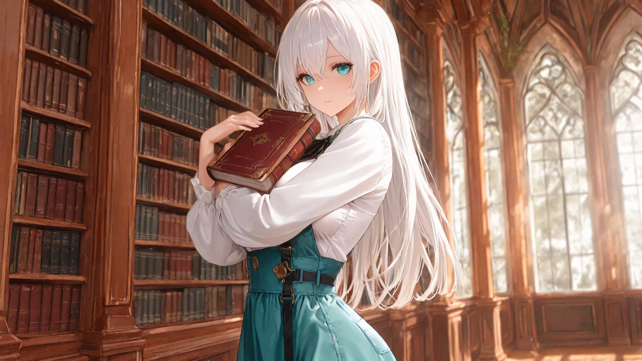 1girl,albino,snow white hair,white eyes,,white blazer with logo ,high waisted white skirt,perfect body, books,calm,white fluffy beanie,blue earrings,8k,high definition ,