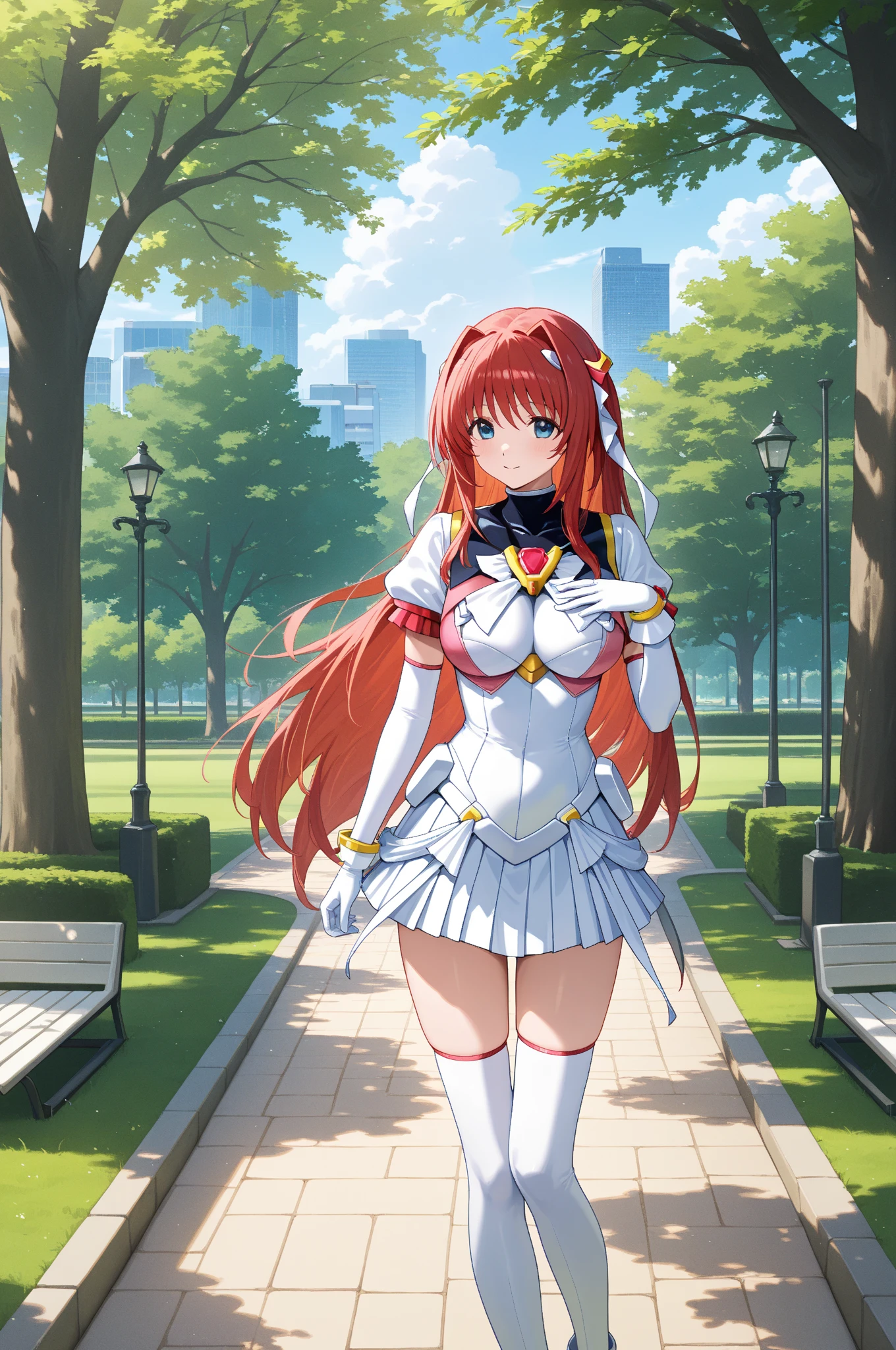 <lora:Elenoa003:0.7>,<lora:add_detail:0.5>,<lora:noline:0.3>,<lora:boldline:-0.3>,looking at viewer,smile,
Elenoa,1girl,red hair,longhair,circlet,solo,
collared shirt,puffy_sleeves,long_sleeves,red necktie,(blue vest:1.2),
white pants,
full body,fantasy,
nature,mountain,