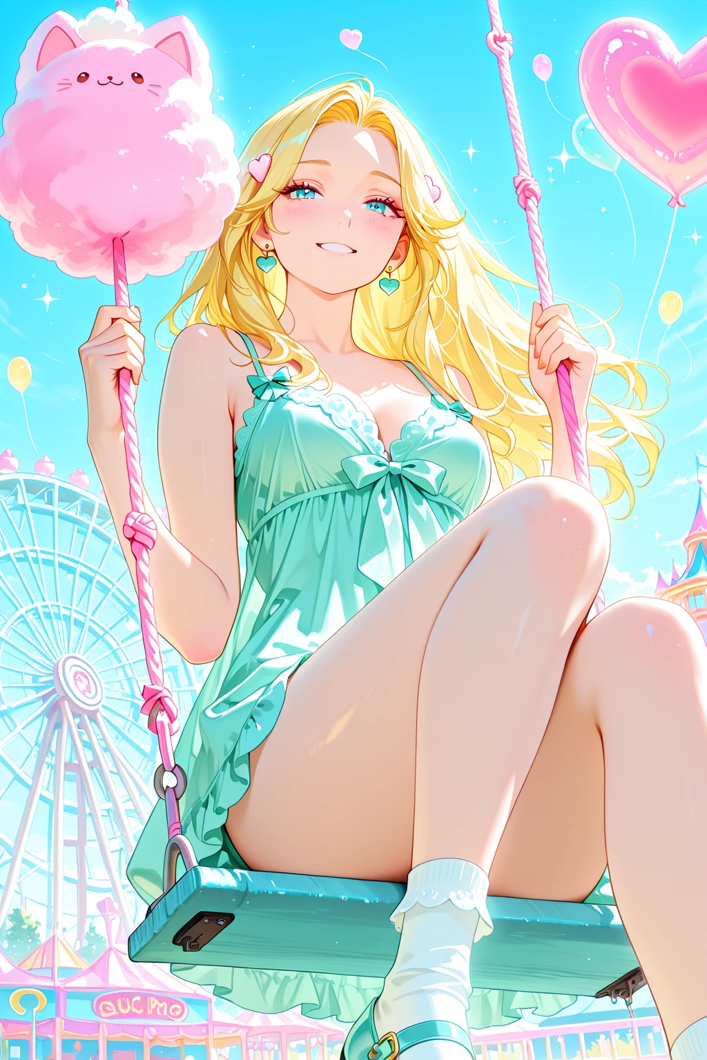 a beautiful 20 year old blonde woman with big messy hair in a blue dress, white stockings, black headband, cleavage, fantasy art style, rossdraws cartoon vibrant, alice x. zhang, alice in wonderland cyberpunk, cute detailed digital art, colorfull digital fantasy art, digital fantasy art ), glossy digital painting, rossdraws pastel vibrant, rossdraws 2. 5, rossdraws 1. 0