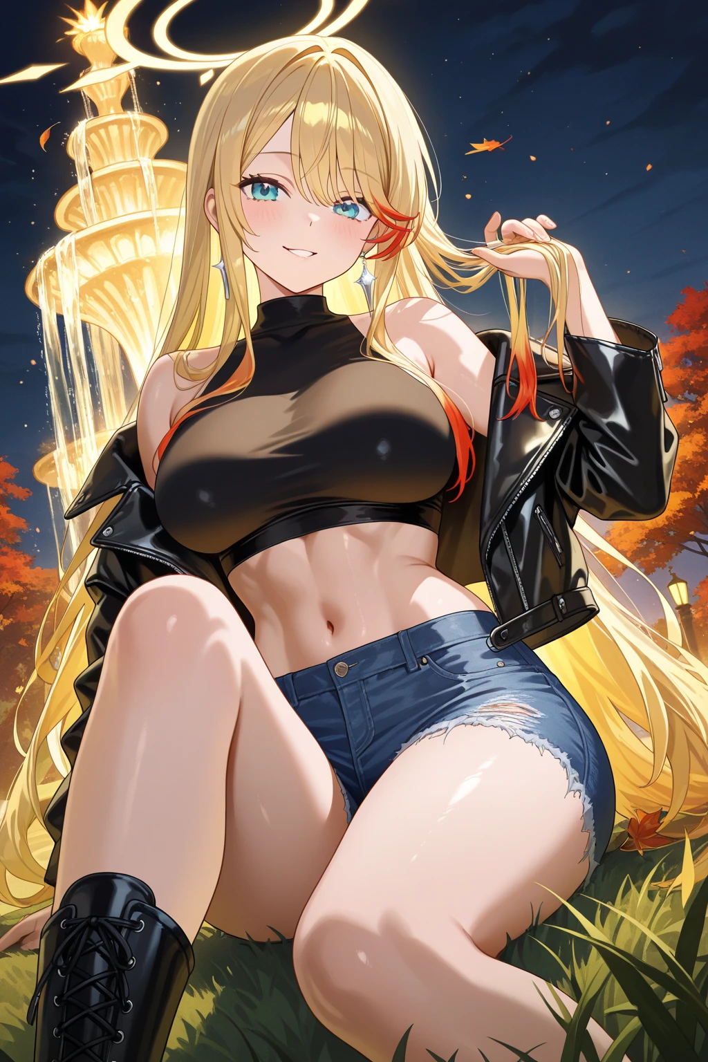 creates a 25-year-old anime girl with tight black leather pants and a red tank top, blonde hair with blue eyes in a farm landscape