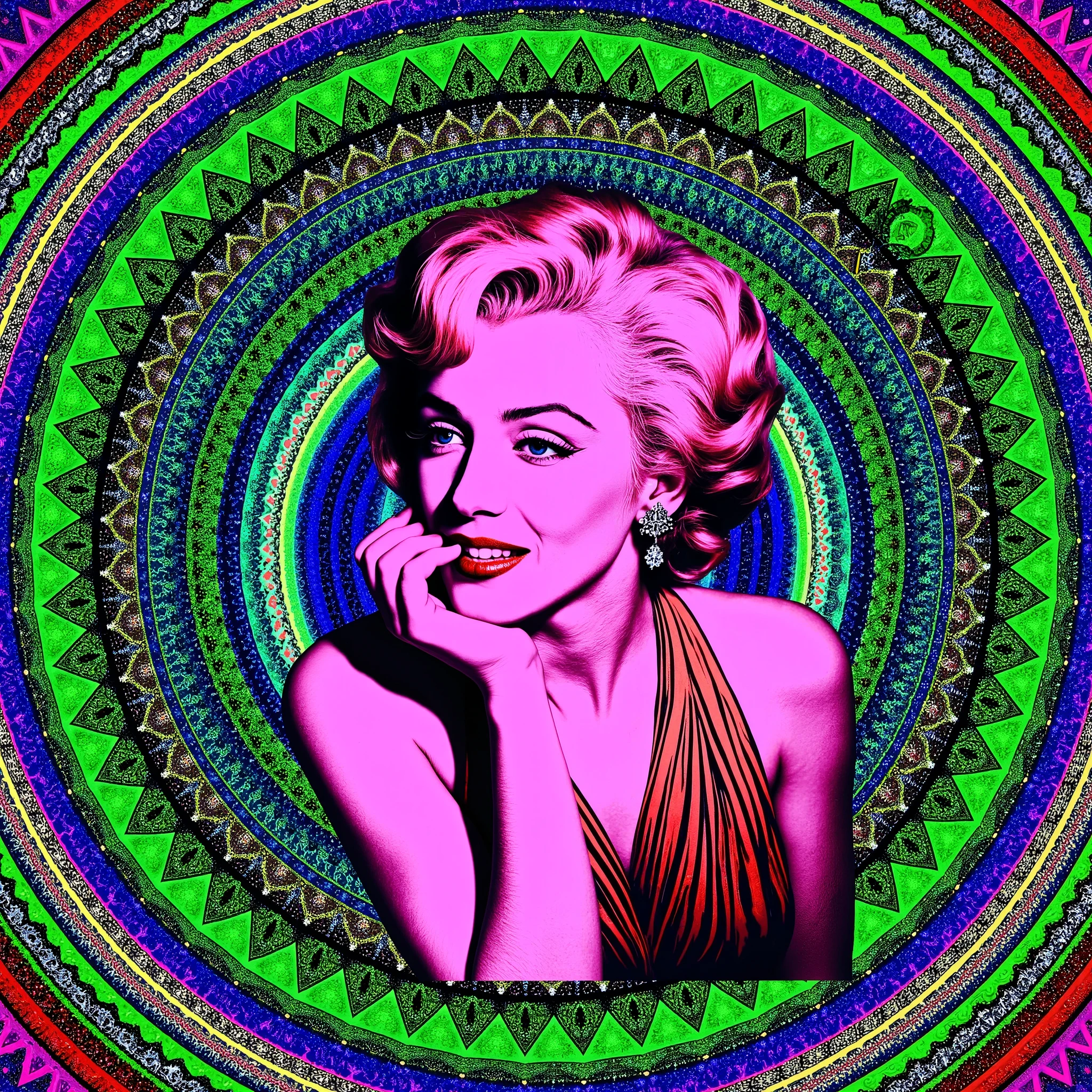Marilyn Monroe is depicted in a stylized pop-art rendition, characterized by vivid, high-contrast colors that emphasize a sense of modernity and surrealism. Her shoulder-length wavy hair, styled meticulously, suggests a classic look reminiscent of mid-20th-century fashion. She is wearing an off-shoulder dress with a halter neck, revealing part of her upper chest and shoulders, adding a touch of elegance and allure. The entire image is set against a vibrant spiral-esque background composed of alternating concentric rings of green, blue, and red, creating a hypnotic or psychedelic effect. The lighting and shading within the image enhance the contours and volume of the subject, contributing to a sense of depth and dimensionality. The overall mood is enigmatic and artistic, drawing the viewer into a space where vintage glamor meets modern artistic expression. Ultra-realistic, photo-realistic, ultra-detailed, physically-based rendering, professional movie quality imagery, cinematic photography, portrait photography, cinematography, full focus, UHDR, highres, startling, masterpiece