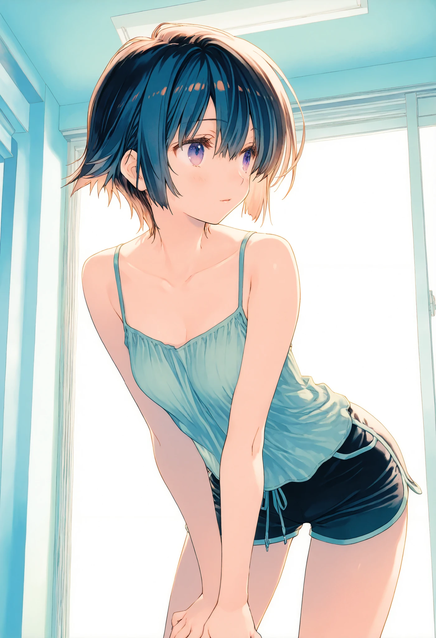 Highest quality、masterpiece、beautiful、detailed、Year: 12、Elementary school girl with black hair、locker room、Dynamic pose、Angle from below、smile、Slim figure、(Clothes that stick to your skin due to sweat:1)、covered erectile nipples、camisole、Striped underwear