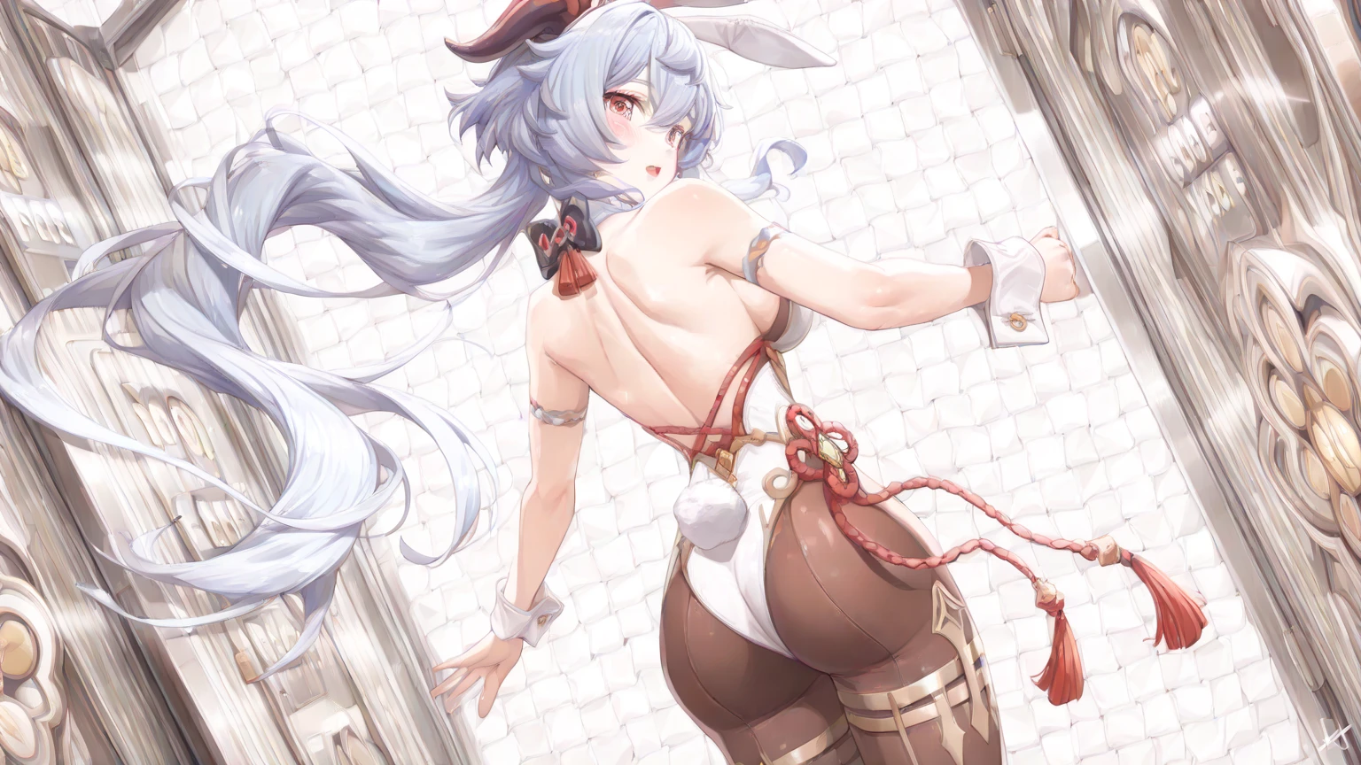 (((Vibrator under panties,shibari,bdsm))),(((shibari over clothes,rope,bound,restrained,against pillar))),pillar,alice,vampire,grey hair, long hair, red eyes, pointy ears, small breasts, big breast, big butt