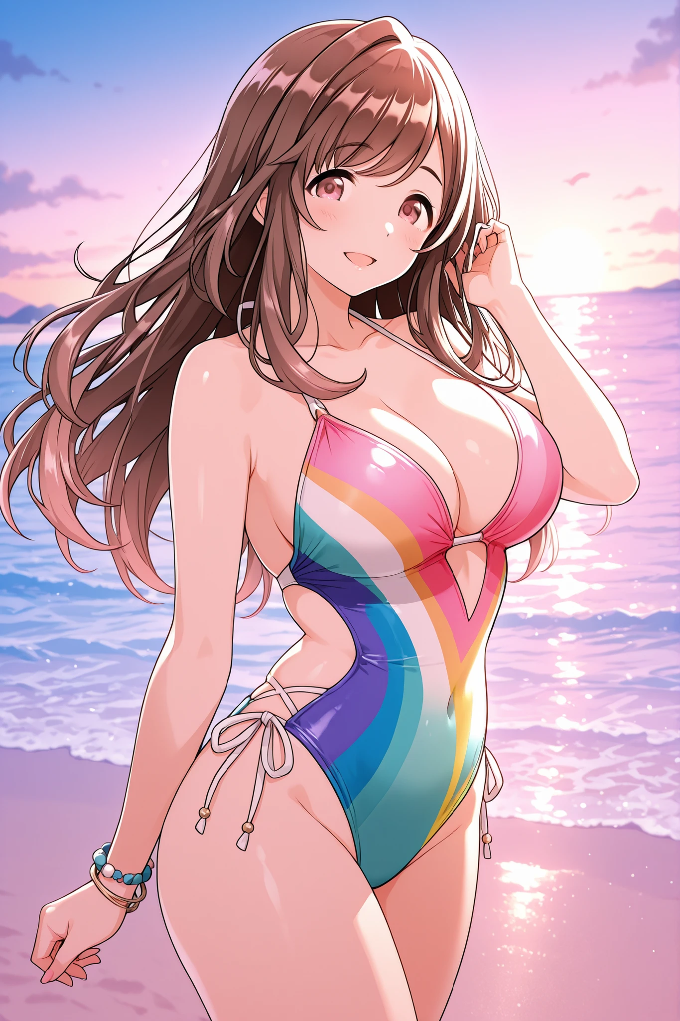 a cartoon picture of a woman in a bikini and a visor, thicc, marin kitagawa fanart, is wearing a swimsuit, swimsuit, nishimiya shouko, oppai, oc commission, brown hair and a perfect body, oppai proportions, fullbody commission for, in a bikini, cel - shaded art style, commission for high res, realistic bikini,black bikini