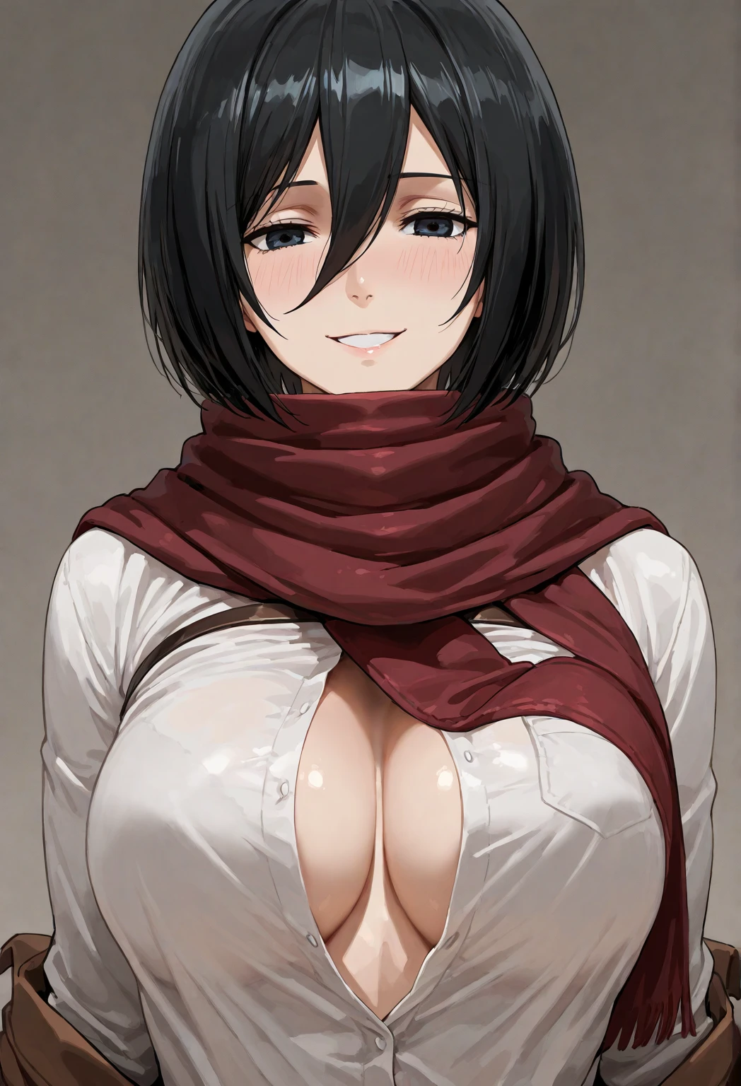 Standing on a wood floor,
collared shirt, long sleeves, black pants, from above, 
Red  scarf around her neck,
black eyes, black hair, Short_hair,Hair between eyes, 
1 girl, 20yo,Young female,Beautiful Finger,Beautiful long legs,Beautiful body,Beautiful Nose,Beautiful character design, perfect eyes, perfect face,expressive eyes,perfect balance,
looking at viewer,(Focus on her face),closed mouth, (innocent_big_eyes:1.0),Light_Smile,
official art,extremely detailed CG unity 8k wallpaper, perfect lighting,Colorful, Bright_Front_face_Lighting,shiny skin, 
(masterpiece:1.0),(best_quality:1.0), ultra high res,4K,ultra-detailed,
photography, 8K, HDR, highres, absurdres:1.2, Kodak portra 400, film grain, blurry background, bokeh:1.2, lens flare, (vibrant_color:1.2),professional photograph, 
(Beautiful,large_Breasts:1.4), (beautiful_face:1.5),(narrow_waist),