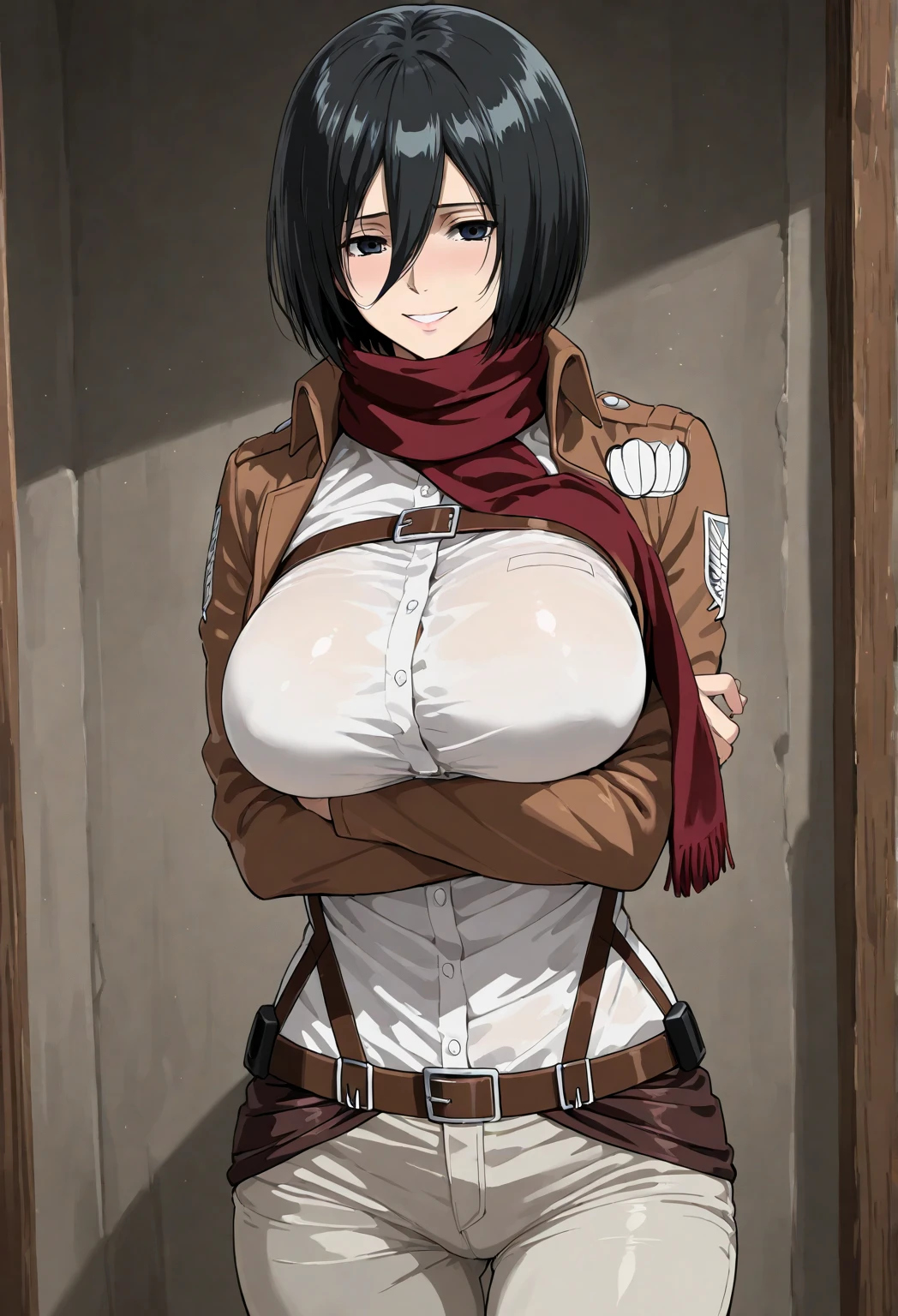 1girl, solo, short hair, bangs, shirt, black hair, hair between eyes, brown eyes, closed mouth, jacket, white shirt, upper body, , scarf, open jacket, lips, wind, red scarf, brown jacket, nose, emblem, paradis military uniform, survey corps (emblem), mikasa ackerman, room, upper body, navel, abs, shirt lift, breasts, holding breasts, hand on breasts, hands on own breasts, bouncing breasts, nipples. looking down, blush, side, on side
