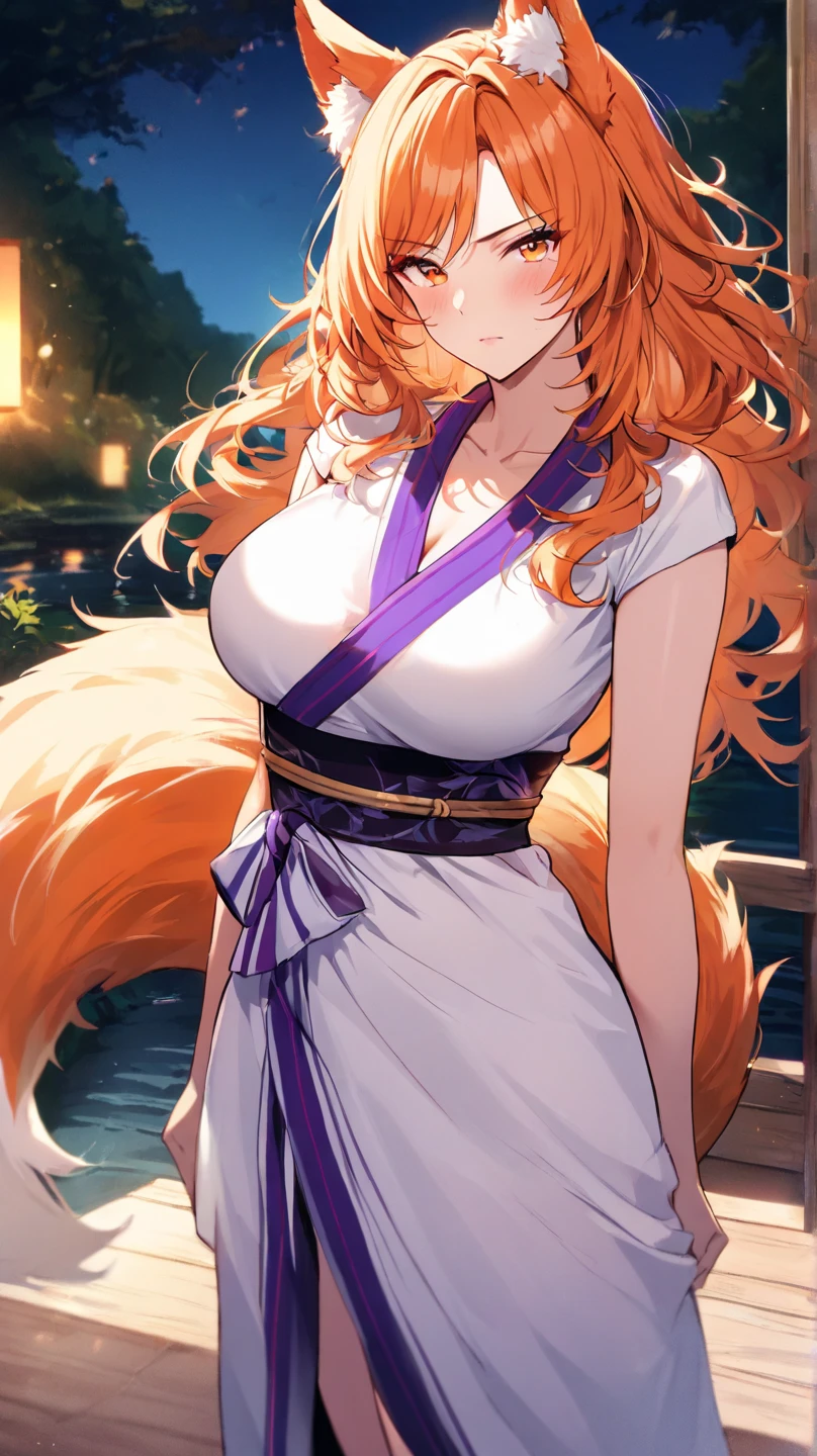 ((Best Quality)), ((masterpiece)), (detailed), 1 girl, Orange hair, long hair up, fox ears, clear skin, blue eyes, big breasts, wide thighs, white kimono with red flowers, Fox tail, happy expression, short stature, at home, in the backyard