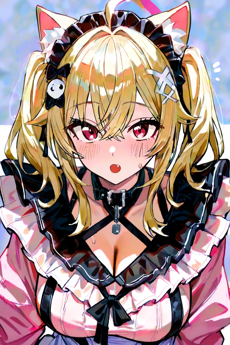 8K, Ultra High Definition, Super detailed, Shiny detailed hair, detailed face, fantasy landscape, solo, looking at viewer, {{best quality}}, {{masterpiece}}, {{ultra-detailed}}, {detailed light}, ultra high quality eyes, detailed eyes, perfect eyes, large eyes, ((detailed pink eyes)), beautiful lips, ((blonde hair)), long hair, beautiful, skinny body, white skin, slutty, erotic, suggestive, ((pink flower hair ornament)), {{nsfw}}