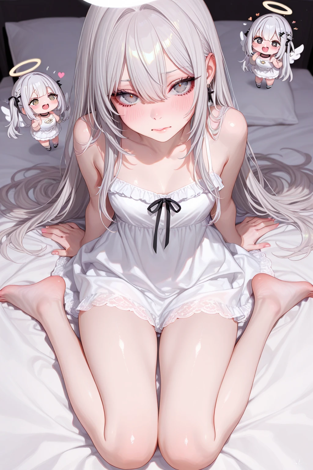nsfw,masterpiece, extra limbs,(1vampire child),light silver extremely long hair, slant eyes blank red eyes, flat chest small nipples small areolas,pale white skin athlete skinny body,pregnant,sullen,spread legs, sitthing,(((clothed sundress))),sitting on bed,Haunted Castle,midnight