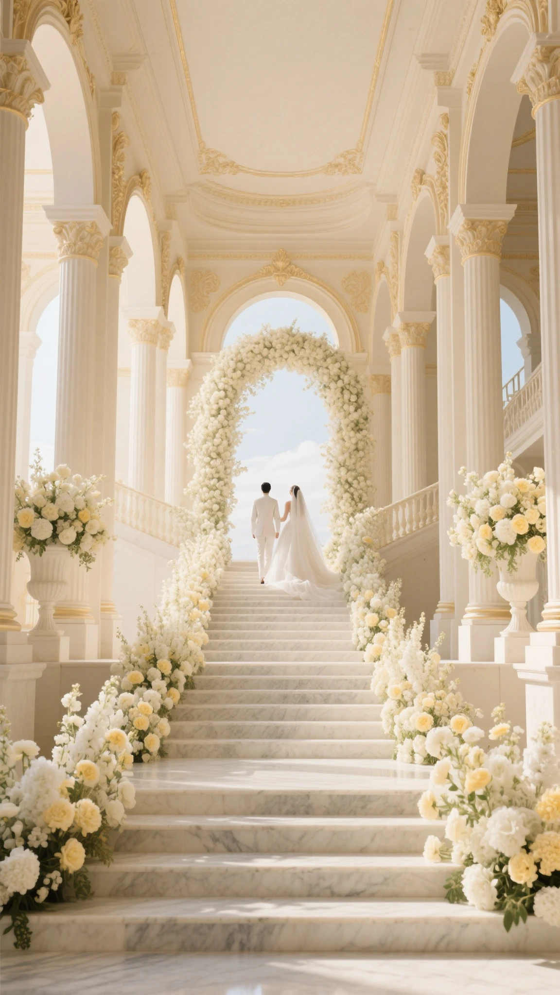 Latin bride and groom standing in a garden with hearts, professional wedding photography, wedding photography, fine outdoor photography, very magical and dreamy, & jeehyung lee & wlop, wedding photo, luxurious wedding, romantic storybook fantasy, dreamy and romantic, vegetation of hearts, f 2. 8 3 5 mm, F2.8 35 mm