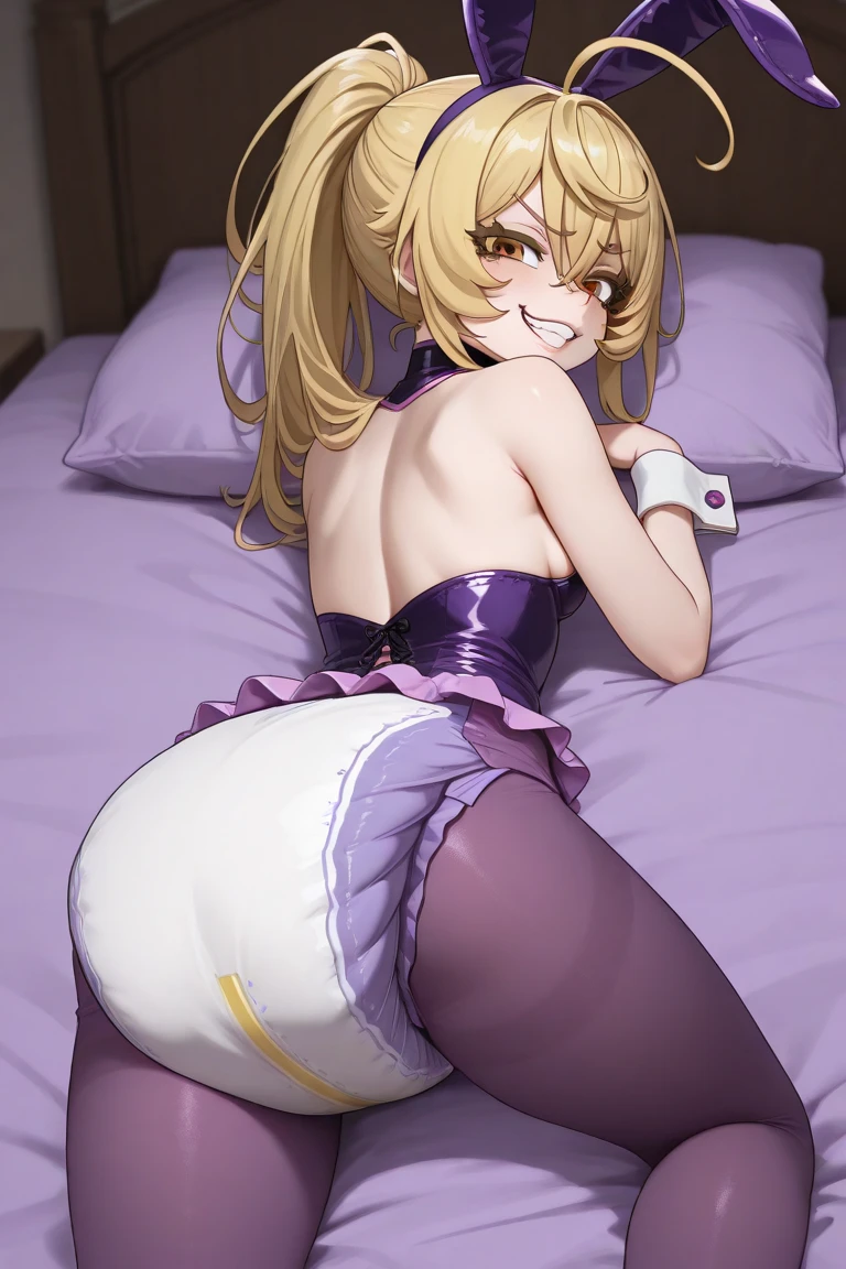 Highest quality, High resolution,8k、Beautiful Face、Perfect Face、One person、On the red bed、((Looking back、Having sex on her stomach、)),Boobs shaking violently up and down、A large amount of semen is applied、expression(Oho face)、blush(1.9)、Sweat(1.9)、steam、Golden Hair(Inner Color、Light purple hair、Half-up twin tails), Tree Eyes、Green Eyes,Short Hair, Mole under eye, Huge breasts(0.9), bangs(), Cleavage, clavicle,Big Butt, indoor、Bedroom,vtuber(anime、tachibana hino、Hinano Tachibana、Purple hair fastening、Black choker、Female maid cosplay(Purple leotard)、Fishnet tights(Digging into the thighs)、{An angle looking at the buttocks from behind} One person??男性,naked、Big Penis、(The man is in the missionary position )
