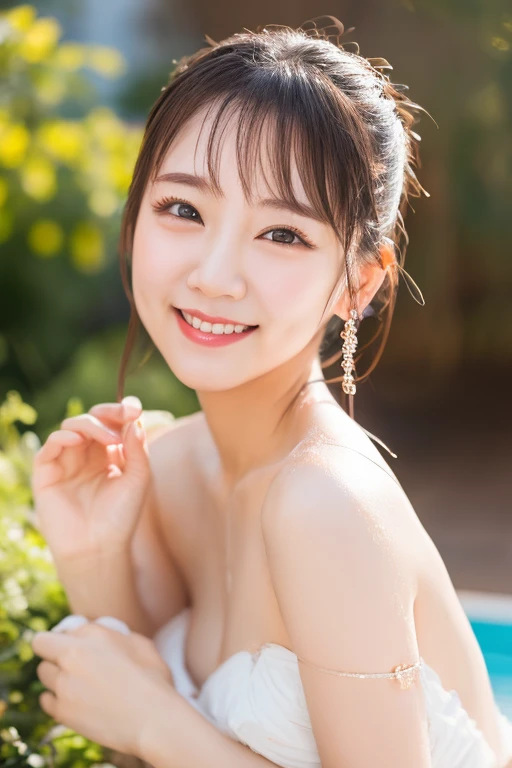 Angel, 19years old beautiful girl, 2 girls、hug each other、beautiful and fine eyes, beautiful detailed lips, long eyelashes, up style short hair、golden hair, innocent and pure look, delicate features, body wrapped in bath towel, (vivid flowers々surrounded by), rays of light shining on her, heavenly atmosphere, oil painting style, high quality, Bright colors, dreamy lighting、laughter、Winter Night View、huge tit:1.4、(big breasts:2.4、Lift up your sagging breasts、You can see beautiful cleavage、put on a choker)