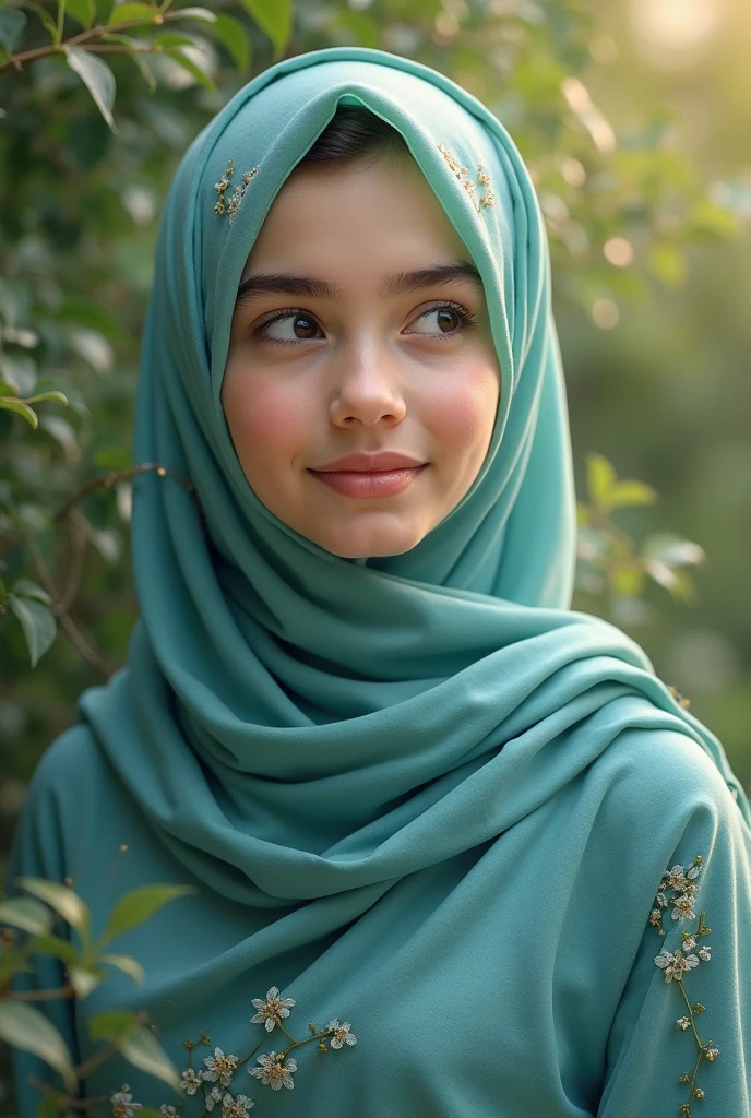 adorable, 1 girl, (face to face), 10 years old, baby face, happy, half body portrait, (face details: 1), (eye details: 1), ((big breasts)). wearing white long shirt, hijab, .. Cute posed. proportional body. Ultra High Res. realistic: 1.4, UHD