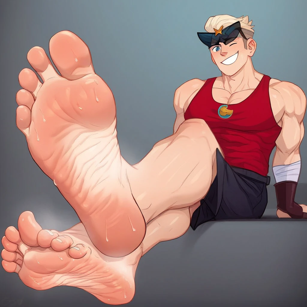 Sporty boy 
Tongue out 
bowlegs 
Showing smelly feet
Showing armpits 
Giving the peace sign on both hands