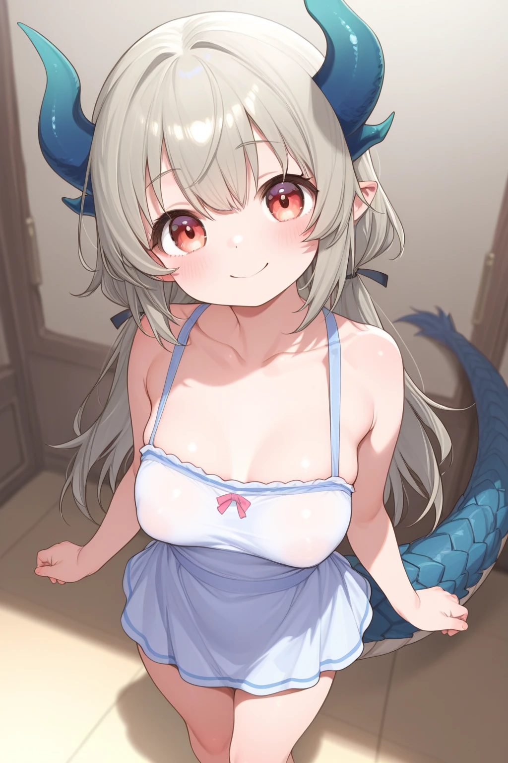 kiyohime, kiyohime, Gray Hair, Dragon Girl, dragon horn, horn,Holding a pillow, (Red eyes:1.5),Embarrassed with blush,Top view,Standing in the hallway,Dress code: thin tank top