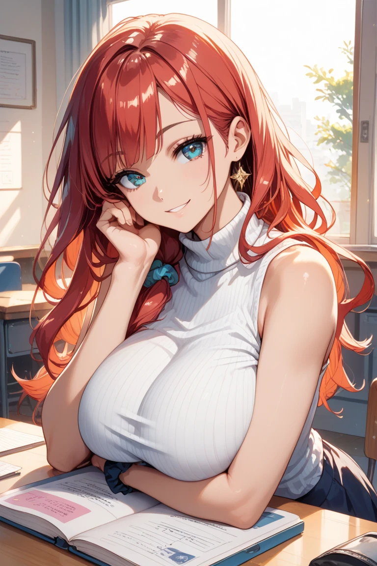 1girl, Anime girl with long hair, anime moe art style, Anime visuals of cute girls, Anime Best Girl, itsuki nakano fanart, pretty anime girl, Smooth Anime CG Art, Seductive Anime Girl, charming anime girls, Cute anime girl, Shining eyes, big boobs, ((looking at viewer)), ((smile)), close up, red hair, blue eyes,white shirt, upper shirt button off, cleavage, collar bones exposed, collar bones, collar bones visible, light boob cleavage, (portrait), (((no bra))), cleavage, ponytail, sitting, office, black panties, thick thighs