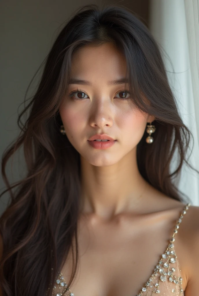Dark brown hair、Light brown eyes、Japanese actress face、 Lady、I'Iは彼とIが好きです'I'Iは40歳くらいです.、(Intricate details:1.2)、(Which one is on top??:1.4)、 (Ultra-high resolution:1.2)、Ultra-high resolution、(Fine-tune)、(Detailed faceの特徴)、Hmph、8k resolution、D cup size breasts、Long Hair、Large windows、Extravagant space、relax、、,Full body photo、Head to toe shot、Beautiful legs、Camisole dress、Beautiful legs、A refreshing room filled with sunlight、she, household items, (plant:0.8), Fashion Hub, Extreme Detail, Very detailed, Realistic, Hourglass-shaped body, Obscene pose,、、(8k resolution,(Portrait of a person taken through a mirror),?????,Myself in the mirror),(Multiple women,22 years old,((Face in the mirror,Delicate face,Detailed face,Look at yourself in the mirror,Blushed,Damp face),(Hair losicro curls for long hair,Damp Hair ,Moisturized Skin,(Best Skin Type:1.21),Skin color chest sticker,Perfect figure,Perfect back,Delicate skin texture,((smooth back,Wet panties,(Place one hand on the dresser,Stand in front of a mirror,Putting on makeup)),Delicate legs,Perfect hands),(Luxurious bathroom,Large dressing table with mirror,Water vapor wiped off by a mirror,Details of the elaborate setup),(Professional Lighting,Artistic lighting),((Contrast between skin and underwear material,Refraction of light in water vapor,Skin color,Color: Black,red))),(Golden Ratio Lines,Water vapor visible in the air,Artistic Lens,Hasselblad Photography,masterpiece:1.3),(High art,Beautiful bath pictures,Wallpaper HD,Official Propaganda,Art Platform)