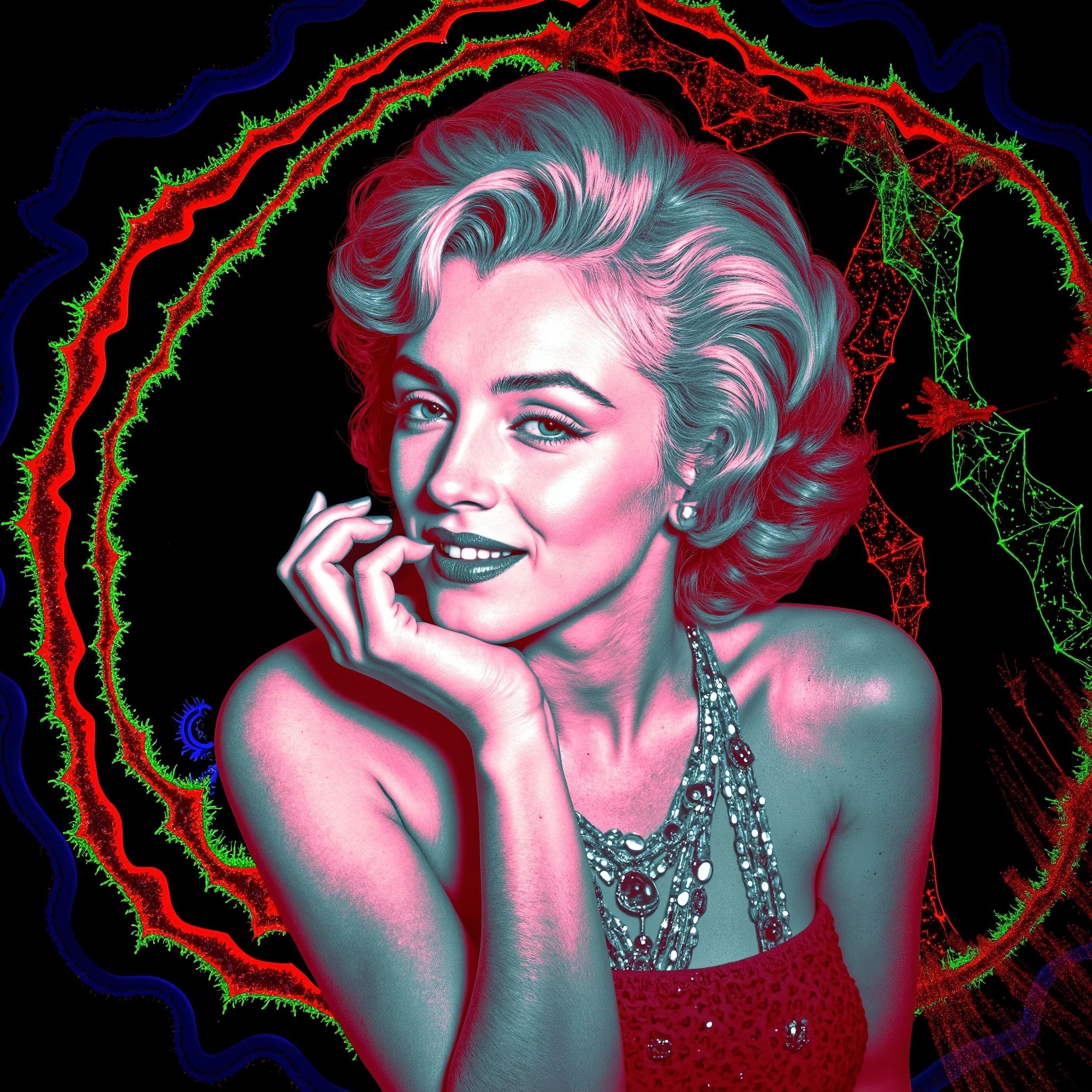 Marilyn Monroe is depicted in a stylized pop-art rendition, characterized by vivid, high-contrast colors that emphasize a sense of modernity and surrealism. Her shoulder-length wavy hair, styled meticulously, suggests a classic look reminiscent of mid-20th-century fashion. She is wearing an off-shoulder dress with a halter neck, revealing part of her upper chest and shoulders, adding a touch of elegance and allure. The entire image is set against a vibrant spiral-esque background composed of alternating concentric rings of green, blue, and red, creating a hypnotic or psychedelic effect. The lighting and shading within the image enhance the contours and volume of the subject, contributing to a sense of depth and dimensionality. The overall mood is enigmatic and artistic, drawing the viewer into a space where vintage glamor meets modern artistic expression.