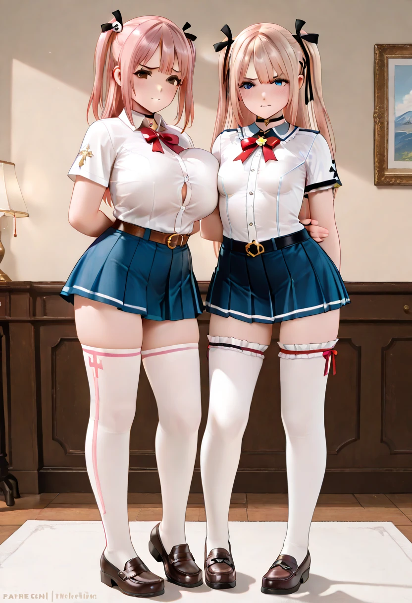 Browsing Caution, masterpiece, Highest quality, Very detailed, Ultra-fine illustrations, 8k CG wallpaper, Great art, (Three women stand side by side:1.4), Perfect Anatomy, (Pussy juice:1.2)), ((mini skirt,Maid uniform, Transparent clothes, Apron skirt)), (White horizontal lace panties:1.3), (Pink stylish lace panties:1.3), (Stylish lace panties in light blue:1.3)), (Embarrassed expression, blush:1.2), Beautiful big boobs, Slender body, ((Four women lift their skirts to show their panties:1.5)), ((Anime CG Style)), garter belt, ((White lace short chest curtain,Underbust)), ((bare Maid uniform)),((underboob))